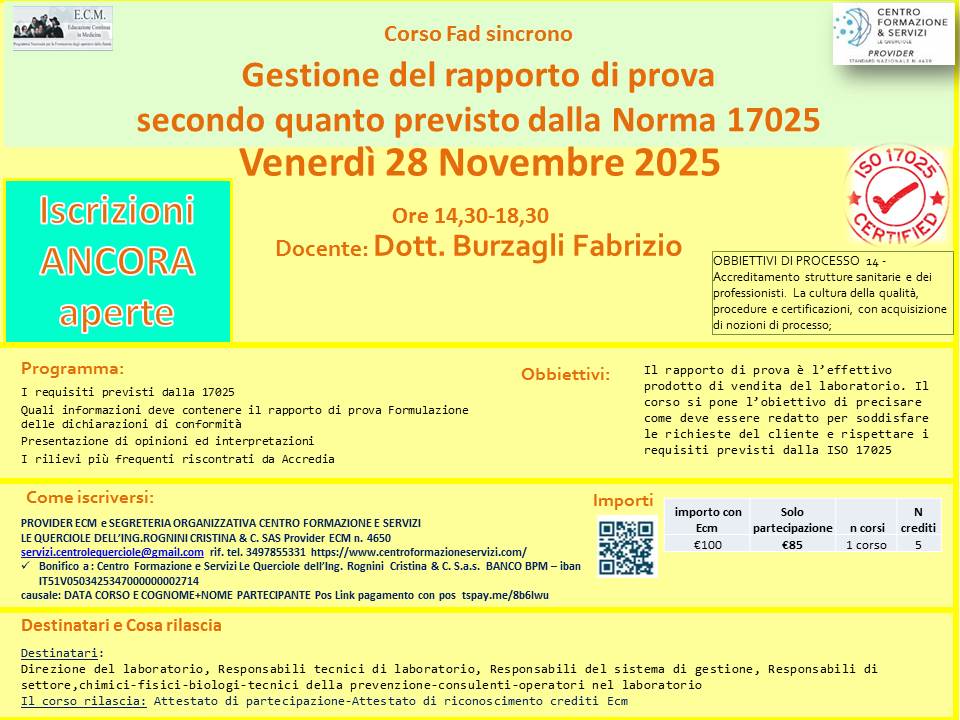 Gestione del rapporto di prova  secondo quanto previsto dalla Norma 17025